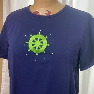 Quacker Factory navy blue nautical themed short sleeve tee shirt w bling